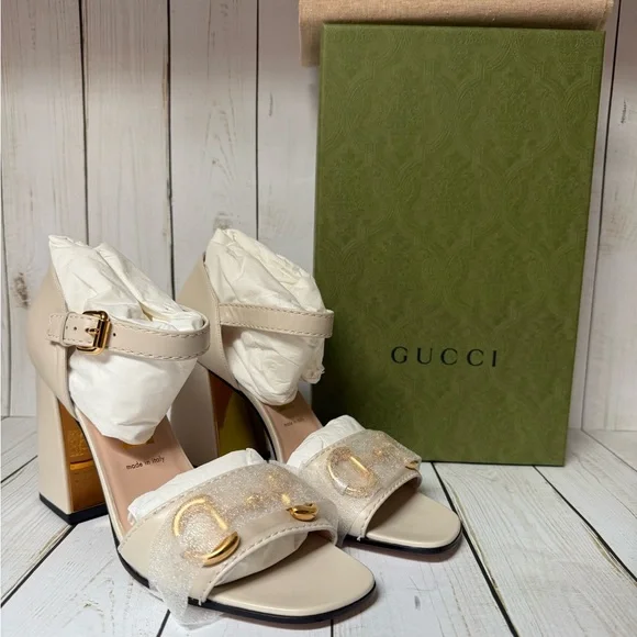 Gucci Nappa Horsebit Cross Strap Sandals Mystic White Sz 40.5 / 10.5 - Picture 1 of 14